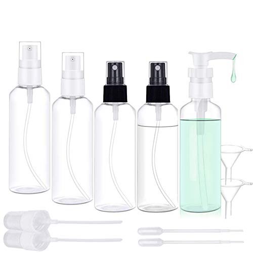 Jetika Spray Bottles with Pump Bottle, 2oz/50ml Portable Empty Mini Clear Plastic PET Travel Bottle Set, Fine Mist Refillable Containers with Replacement Spray Tops/Funnels/Labels/Pipettes, 5 Pack