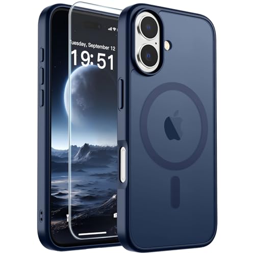 Image of SUPFINE Magnetic for iPhone 17 Case with Screen Protector (Compatible with MagSafe)(Military Grade Drop Protection) Translucent Matte Phone Cover,Dark Blue