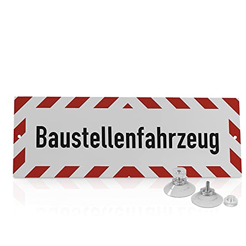 Betriebsausstattung24 Hinweisschild „Baustellenfahrzeug“ - Hart-PVC mit 2 Saugnäpfen Größe (BxH): 29,7 x 10,5 cm - Baustellenfahrzeug - Autoschild - Hinweisschild Kraftfahrzeuge - KFZ