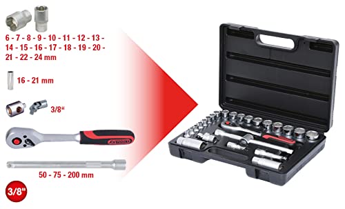KS Tools 911.0626 3/8 Zoll Steckschlüssel-Satz | inklusive Umschaltknarre, 45-Zahn | matt satiniert | 26-tlg.
