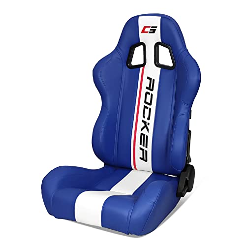 IKON MOTORSPORTS, Universal Racing Seats with Dual Sliders, Blue PU Leather White Stripe Reclinable Left Driver Side