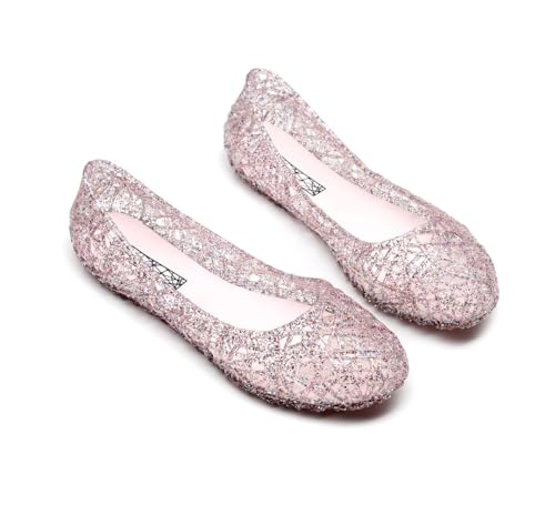 Jelly Mesh Ballet Flats for Women Sparkly Clear Jelly Sandals Hollow Water Slides Slip On House Slippers Wide Lightweight Breathable No Slip Dressy Ballerina Shoes Summer Beach Party Cruise Vacation2