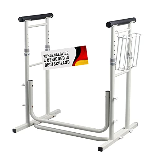 Mobile WC Toilette Aufstehhilfe mit Ablagekorb Toilettenstützgestell aus Stahl Stützhilfe WC Toilettenstütze WC Hilfe Stabil und Rutschfest bis 130 kg Belastbar (Höhenverstellbar)