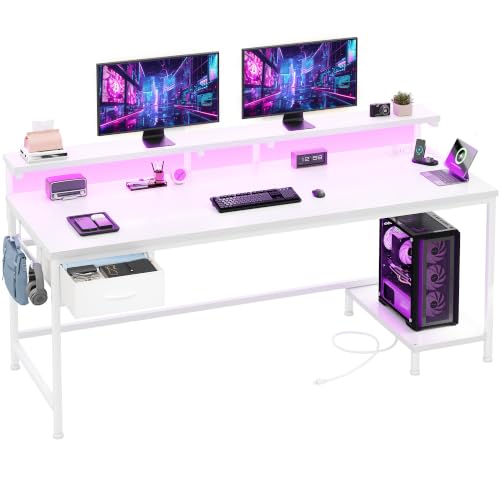 Image of DurayLoly 55 inch Computer Desk with Power Outlet & Fabric Drawer,White