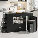 DRIXNO Kücheninsel mit Arbeitsplatte, Stabil Schrank, Barhockern mit Rollen, Küchenschrank mit 6 Schubladen und Hockern, Multifunktionsschrank mit Schublade, Verstellbar 140x40(70) x89 cm, Schwarz