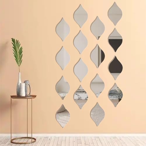 TATACLEA 16-Piece (7.87 inches * 3.94 inches) Teardrop-Shaped Removable Acrylic Mirror Wall Stickers, DIY Art Decoration Decals, Suitable for Home, Bedroom, Living Room and Other Places(Sliver)