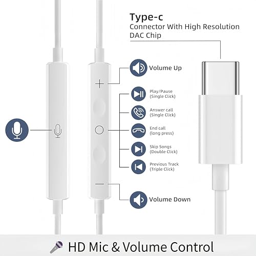 Image of 5 Pack USB C Headphones for iPhone 17 /16 /15 Pro Max iPad Plus TypeC Earphones with Microphone Volume Control USBC Wired Earbuds USB Type C Earphone for Samsung S25 Ultra S24 S23 S22 （1.2M /4Ft）