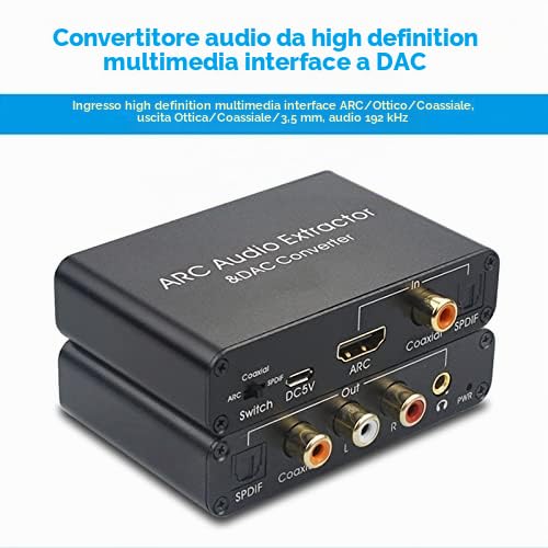Estrattore Audio HDMI Arc, Convertitore Analogico Digitale 192KHz Convertitore Adattatore HDMI Arc Cuffie da 3,5 Mm Volume Stereo Regolabile per TV DVD Blu-Ray