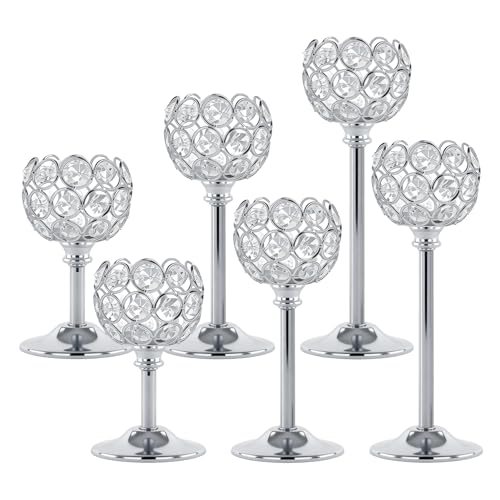 Oakernel Silver Crystal Candle Holders Candlestick Holders - 2 Sets Tall Bling Bowl Candelabra Centerpieces for Dining Table, Wedding, Party & Fireplace Mantel Decor,6Pcs