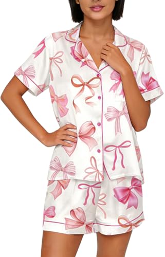 Image of Yiulangde Women's Easter Pajamas 2 Piece Sets Satin Short Sleeve Preppy Easter Eggs Bunny PJs Outfit Button Up Loungewear Set