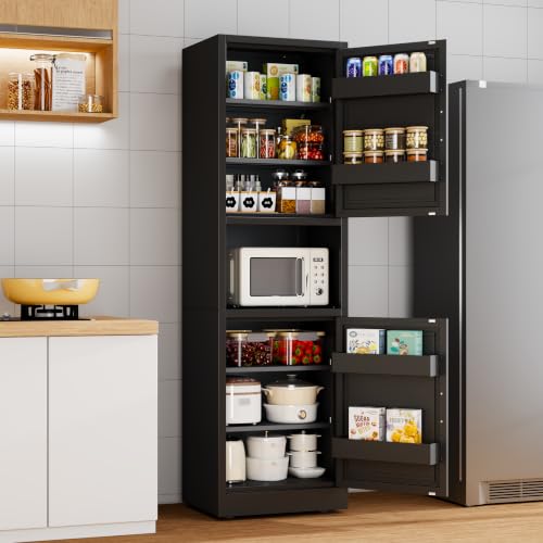 Image of Tall Narrow Pantry Cabinet for Kitchen, 67 inch H Metal Storage Cabinet with Inner Door Storage Racks, Doors & 3 Adjustable Shelves for Dining Room, Living Room, Home Office, 20 inches Wide, Black