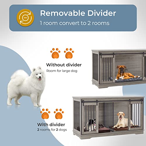 Lyromix Dog Crate Furniture Large Breed Tv Stand With 2 Sliding Doors, Dog Kennels And Crates For Medium Large Dogs With Divider, Wood Dog Crate End Table, A-Grey, 60.6''W*22.8''D*33.9''H #TOP2