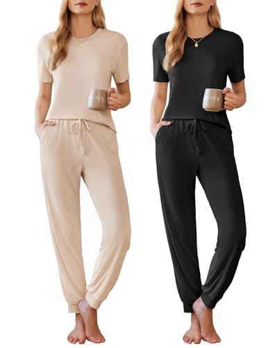 Image of Ekouaer Pajamas for Women Set 2 Pack Lounge Set Short Sleeve Pjs Joggers Long Pants Loungepwear with Pockets