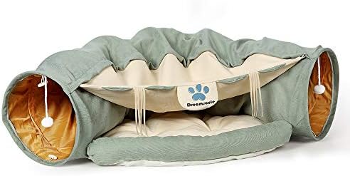 Cat Tunnel Bed with Cushion Mat, Cat Tunnel Toy Play Center with Collapsible Tube and Removable Thick Bed and 2 Hanging Scratching Balls, Peak Hole Hideout House for Cat Puppy Kitten (Green)