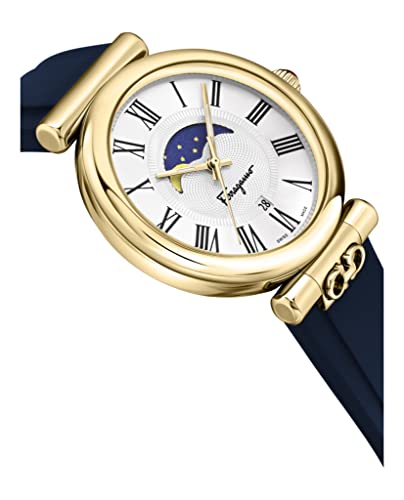 Ora Moonphase Collection Luxury Womens Watch Timepieces with a Blue Strap Featuring a Gold Case and a Silver Dial3