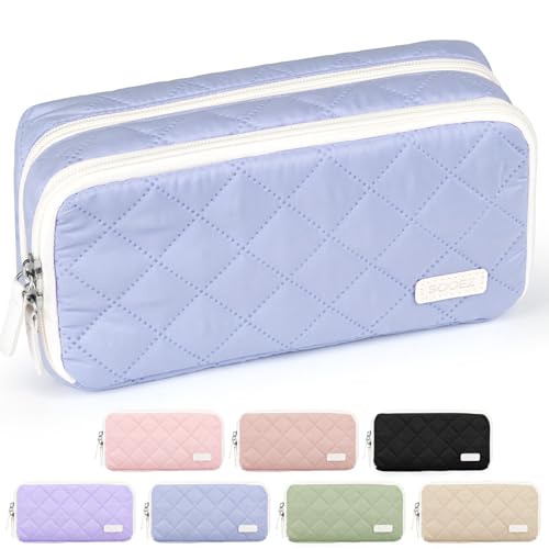 Image of Sooez Large Pencil Case Pouch, Extra Big Pencil Bag with 8 Compartments, Pen Bag Wide Opening, Soft Quilted Pencil Pouch Organizer with Zipper, Portable Pencil Case for Teen Girls, Light Blue