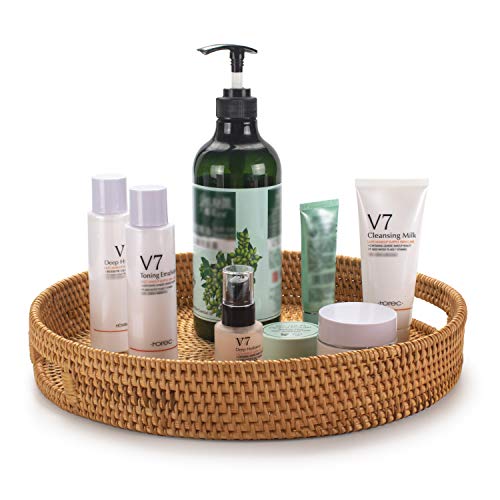 YANGQIHOME Rattan Round Serving Tray, Decorative Coffee Table Tray, Hand Woven Serving Basket with Handles, Ottoman Wicker Fruit/Bread Serving Basket, 13.8 inch