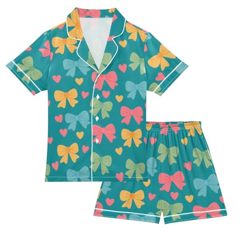 Cartoon Bow Heart Summer Pajamas Set Soft Satin Pjs Sets 2 Piece Short Sleeve Sleepwear Casual Clothes