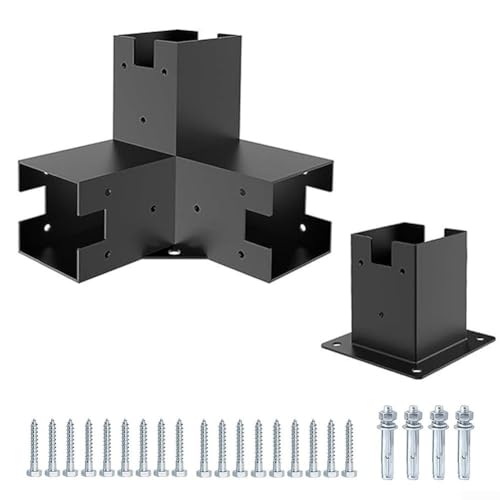 YUANGANG Pavillon-Zubehör, Holzhalterungs-Set für 4 x 4 Holz, Einzel-Set, 12 Gauge, robuste 3-Wege-Winkelhalterungen und Sockel (Basis + 3T)