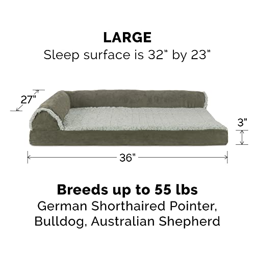 Furhaven Replacement Dog Bed Cover Two-Tone Faux Fur & Suede L Shaped Chaise, Machine Washable - Dark Sage, Large