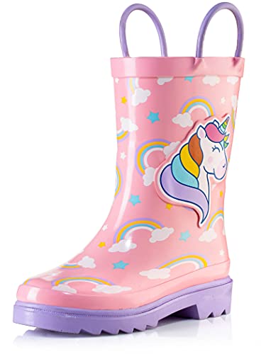 Puddle Play Waterproof Pink Unicorn Rubber Rain Boots Easy-On Handles - Size 9 Toddler