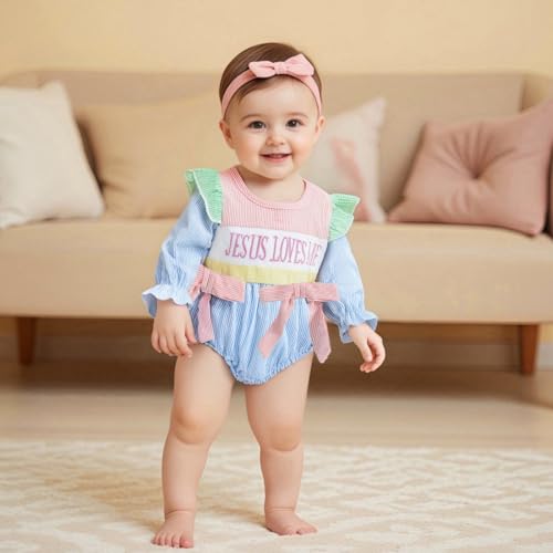 Newborn Baby Girl Fall Clothes Jesus Loves Me Embroidery Bubble Romper Striped Long Sleeve Bodysuit Baptism Outfit3