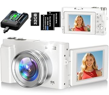 Macchina Fotografica 4K 48MP Autofocus Fotocamera Digitale con Zoom 16X, Schermo Flip 180° Fotocamera Compatta con scheda di Memoria da 32G, Stazione di Ricarica, 2 Batterie per Principianti(Bianco)