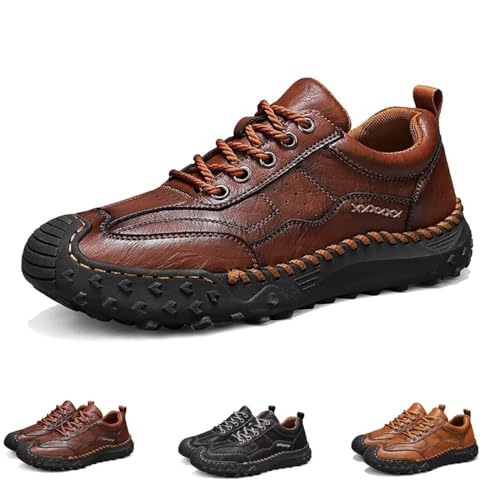 ECNOTX Men's Handmade Leather Orthopedic Loafers,Comfortable Fashion Slip-On Loafers for Driving Hiking Sneakers Casual Dress Walking Shoes Dark Brown 46