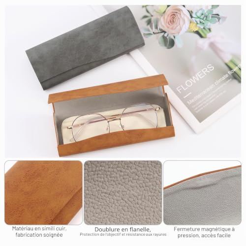 JIASI&JIESY 2 Pièces Étui lunettes Rigide en Cuir Synthétique, Portable Boite Lunettes Rigide Fermeture Magnétique, avec Chiffon en Microfibre, pour Femmes Hommes Soleil Lecture – vue 3