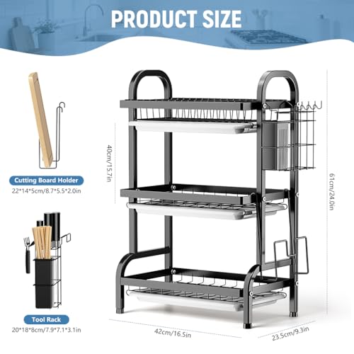 Image of HASTHIP BrandName 3-Tier Kitchen Dish Drying Rack with Utensils Organizer Stand and 3 Removable Drip Trays, Metal Wire Kitchen Counter Dish Rack with Cutlery Holder, Chop Board Holder & Hooks,