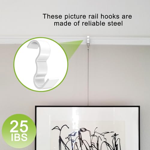Image of 25 Pack Molding Hooks,Steel Picture Rail Hangers Hooks,Wide Picture Rail Molding Hooks (White)