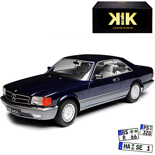 KK-Scale Mercedes-Benz 560 SEC S-Klasse W126 Blau Metallic 1979-1991 1/18 Modell Auto mit individiuellem Wunschkennzeichen