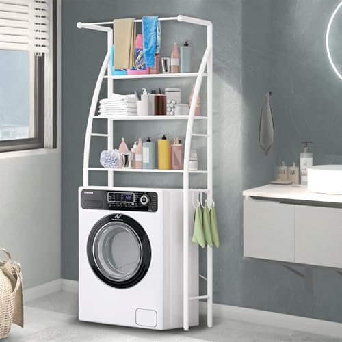 acfeco Waschmaschinenregal Edelstahl, Waschmaschinen Regal mit 3 Ablagen, Regal für Waschmaschine Toilette mit Haken, Badezimmerregal, Toilettenregal, Platzsparender Höhe Verstellbar(Weiß)