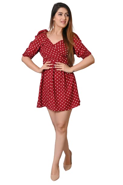 Buy IQRAAR Women's Polyester Polka Dot Print Dress (Red) at Amazon.in