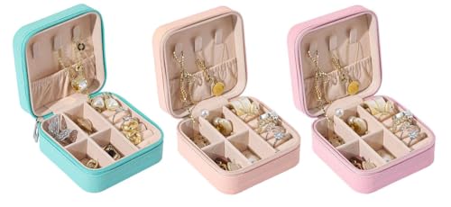3 unidades caixa de jóias pequena portátil, caixa de jóias organizador de viagem de couro PU, pequena caixa de jóias Jewelry Organizer para mulher menina, caixa para anéis, brincos, pulseiras e