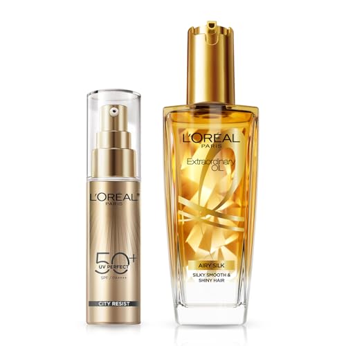【セット】L'Oreal Paris(ロレアルパリ) エルセーヴ エクストラオーディナリー オイル エアリーシルク+L'Oreal Paris(ロレアルパリ) ＵＶパーフェクト デイケア セラム 30ml 日焼け止め（ひやけどめ）SPF50+ PA++++下地 顔用 ヒアルロン酸の商品画像（Amazon）