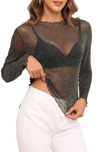 YVH Women Sheer Mesh Top Sexy Blouse for Layering, Club, Concert Outfits, Long Sleeve See Through Shirt Loose Fit, Black Gold Scalloped Trim 3XL