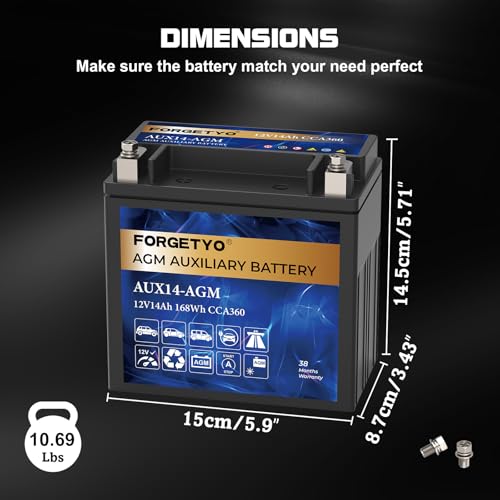 Image of AUX14 Auxiliary Battery, 12V 14 AH AGM Battery, 360 CCA Rechargeable AGM Maintenance Free 38 Months Warranty