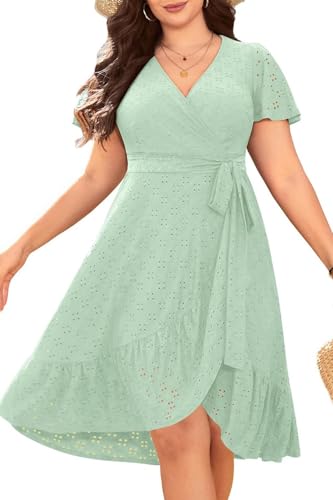 Plus Size Wedding Guest Dress - Summer Semi Formal Midi Eyelet Short Sleeve Wrap V Neck Belted A Line Dresses 2025