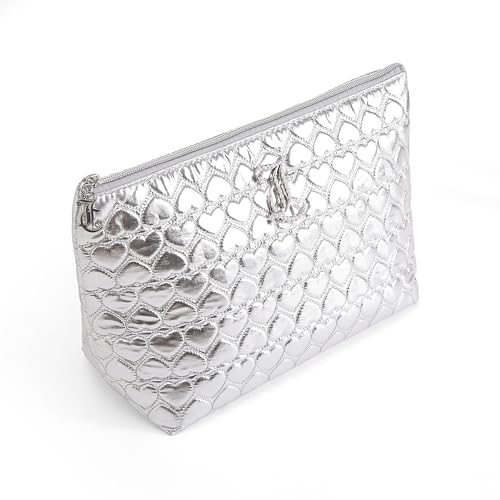 Juicy Couture Silver Makeup Bag Cosmetics Organizer Travel Essentials Top Zip Pouch Shiny Quilted Heart3