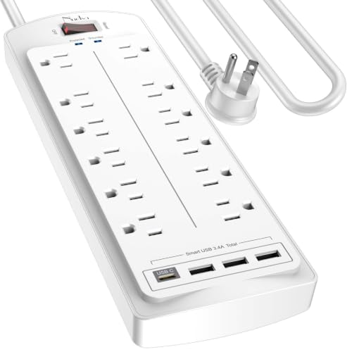Image of Power Strip, Nuetsa Surge Protector with 12 Outlets and 4 USB Ports, 10 Feet Flat Plug Extension Cord for Home, Office, Dorm Essentials, 2700 Joules, ETL Listed, White
