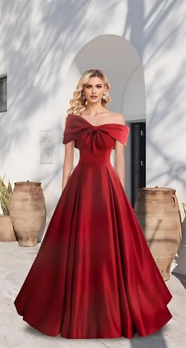 Off Shoulder Prom Dresses Satin Long Ball Gowns for Women Bowknot A Line Formal Wedding Party Gown with Pockets4