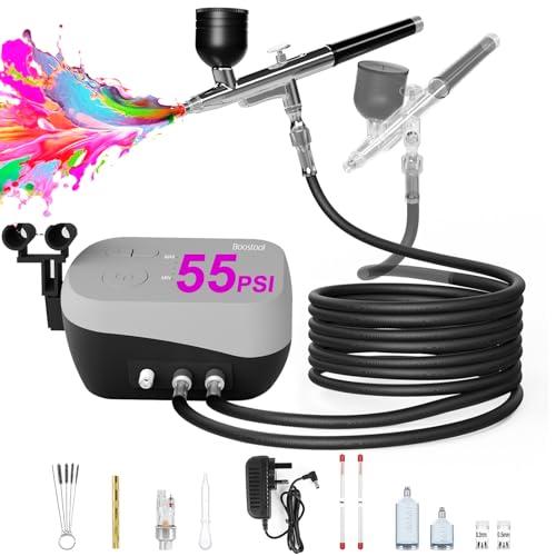 55 PSI Airbrush Kit with Air Compressor, Switchable Single/Dual Airflow, High Pressure Air Brush Gun with 0.2/0.3/0.5mm Nozzles & Cleaning Sets for Painting, Modeling, Cake Decor, Makeup, Nails Art