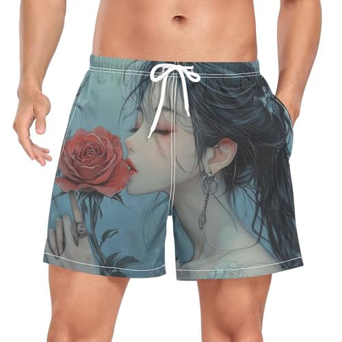 Rose Woman Chinese Mens Swim Trunks with Liner, Cool Quick Dry Beach Swim Shorts, Swimwear Bathing Suits S