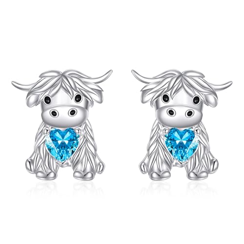 Boucles d'oreilles argent sterling vache des Highlands artisanales avec pierre fine de décembre