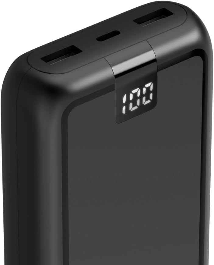 Close-up of Hama Powerbank LED display showing '100' percent charge