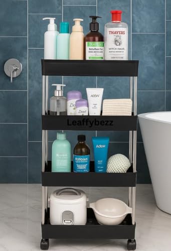 Image of Plastic Multipurpose 4-Tier Storage Shelf, Storage Rack With Wheels, Storage Organizer Cart For Kitchen, Pantry Closet, Bedroom, Bathroom(4Layer, Black)
