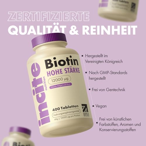 Incite Nutrition Biotin-Haarwachstumsergänzungsmittel 12.000 mcg – Tabletten (Ganzjahresvorrat plus Vorrat), hergestellt im Vereinigten Königreich, für Herren und Damen, 400 Stück (1er-Pack)