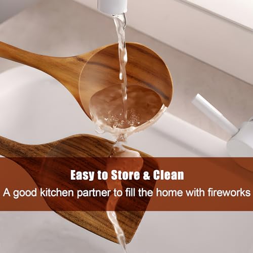 Image of FJNATINH Wooden Spoons for Cooking, 10 Pcs Teak Wooden Cooking Utensil Set with Holder, Wooden Kitchen Utensils Set for Nonstick Pans & Cookware