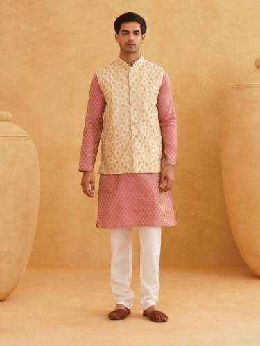Image of SOJANYA (Since 1958 Men's Cotton Linen Maroon Kurta and White Pyjama with Mustard Cotton Nehru Jacket